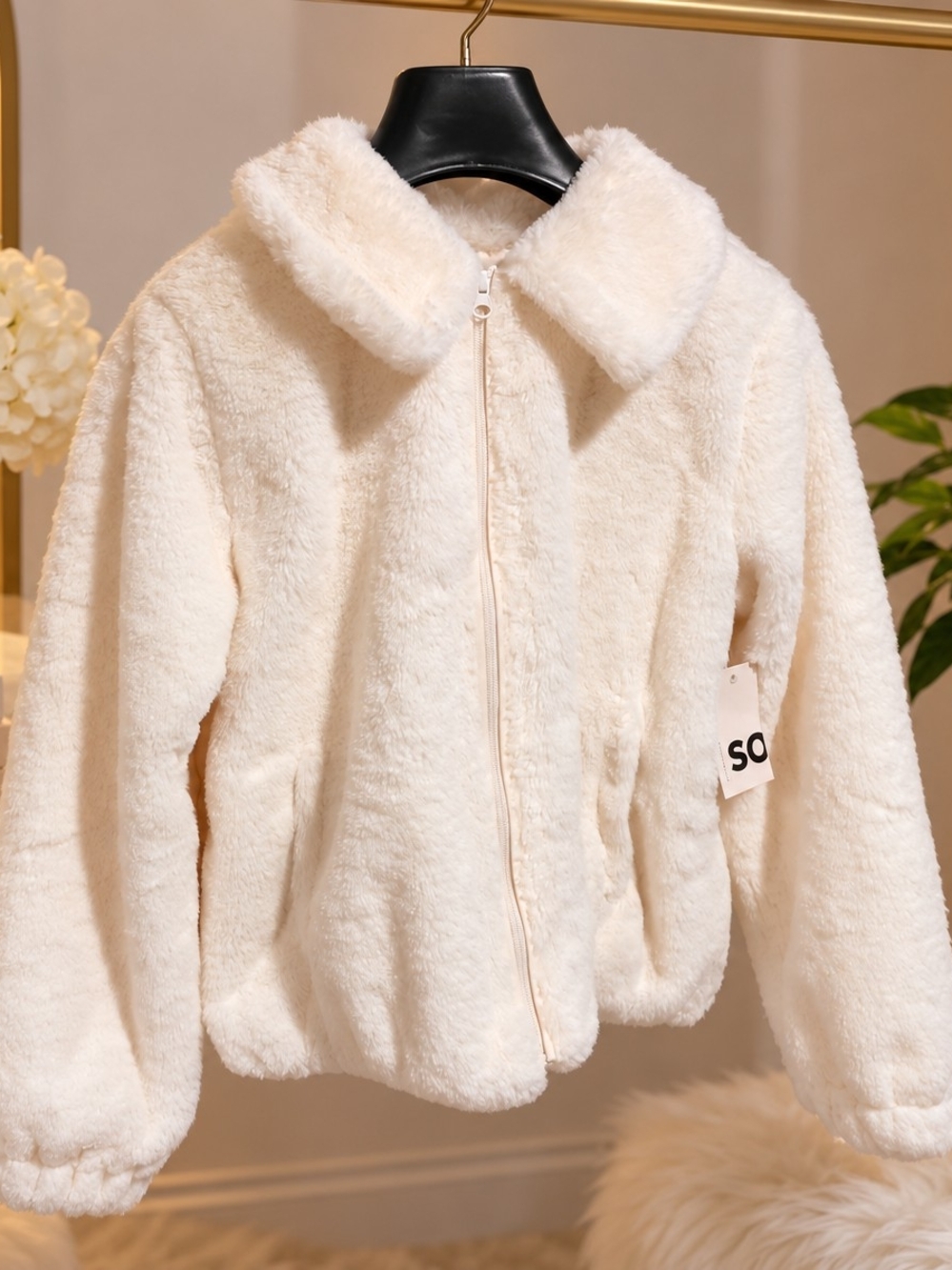 SO Cream Plush Zip-Up Teddy Jacket